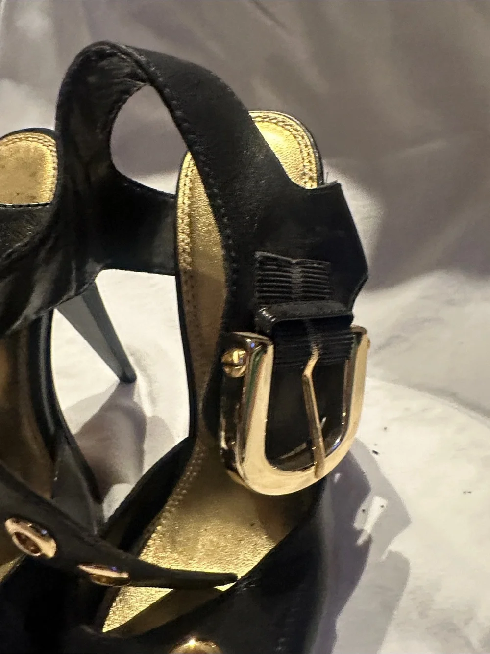 bebe Black Leather Open-Toe Grommet Slingback Heels
